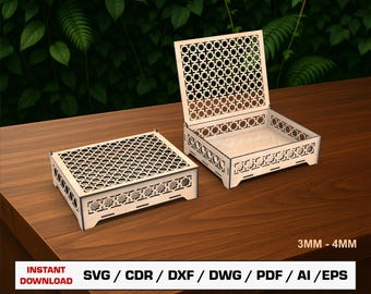 Archivo SVG de corte láser para caja decorativa, caja de madera para regalo con tapa, archivos vectoriales para madera, archivos de corte Glowforge, DXF y DWG.