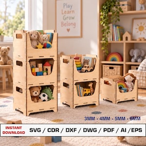 Stackable Storage Box Laser Cut Files, Stackable Wooden Crate, Wood Box, Vector Files For Wood Glowforge cut files, DXF DWG, Lightburn Files