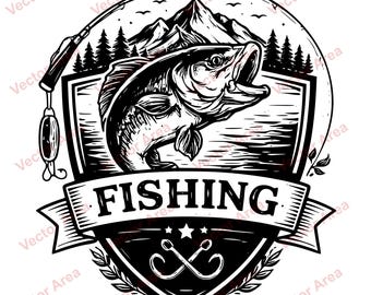 Insignia de pesca SVG, Insignia de pesca DXF, Logotipo vintage de lubina, Emblema de pesca vectorial, Listo para cortar con láser, Archivo de grabado SVG de pesca