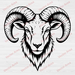 Könnte beinhalten: Eine schwarz-weiße grafische Illustration eines Widderkopfes mit großen, geschwungenen Hörnern und detailliertem Gesichtsfell. Das Design ist zentriert und symmetrisch und zeigt den intensiven Blick und das strukturierte Fell des Tieres.