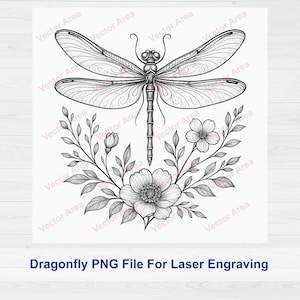 May include: Black and white dragonfly design with detailed wings, body, and floral elements. The image includes the text "Dragonfly PNG File For Laser Engraving". This design is suitable for laser engraving projects.