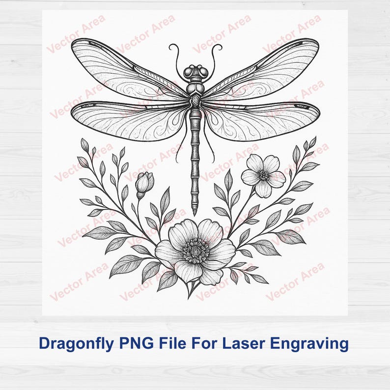 May include: Black and white dragonfly design with detailed wings, body, and floral elements. The image includes the text "Dragonfly PNG File For Laser Engraving". This design is suitable for laser engraving projects.