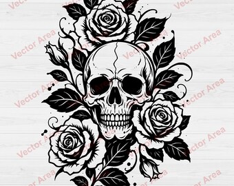 Calavera y rosas SVG, imágenes prediseñadas de calavera floral gótica, calavera estilo tatuaje DXF PNG, archivo para grabado láser, diseño para corte láser, archivo vectorial para impresión