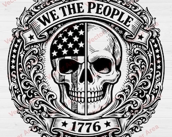 Insignia de calavera "We The People 1776" SVG, calavera estadounidense, emblema patriótico redondo, estilo de grabado vintage, archivo de grabado láser, archivo de impresión