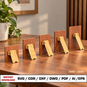May include: Five rectangular wooden frames of varying heights, each featuring a light-colored wooden easel-style support stand attached to the back. The text 3MM - 4MM and INSTANT DOWNLOAD SVG / CDR / DXF / DWG / PDF / AI / EPS is visible.