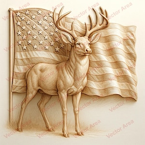 May include: A detailed illustration of a deer with large antlers standing in front of an American flag. The flag is depicted with stars and stripes, and the deer is rendered in a detailed, realistic style. The color palette is primarily beige and brown.
