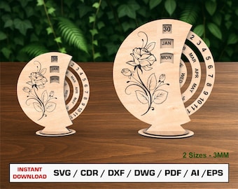 Calendario perpetuo cortado con láser (archivo SVG), calendario de escritorio, calendario de madera, archivos vectoriales para madera, archivos de corte Glowforge, DXF y DWG.