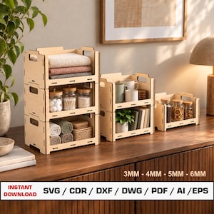 Stackable Storage Box Laser Cut Files SVG, Stackable Wooden Crate, Wood Box, Vector Files For Wood Glowforge cut files, DXF DWG