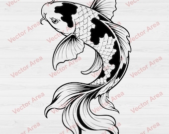 SVG de pez koi, arte lineal de koi japonés, vector de pez en blanco y negro, archivo para grabado láser, descarga de imágenes prediseñadas de koi, archivo para impresión, sublimación.