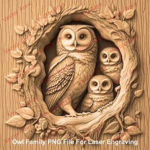 May include: A carved wooden owl family with a mother owl and two owlets, nestled in a tree trunk. The owls are detailed with feathers and eyes, and the tree trunk is carved with leaves and branches.