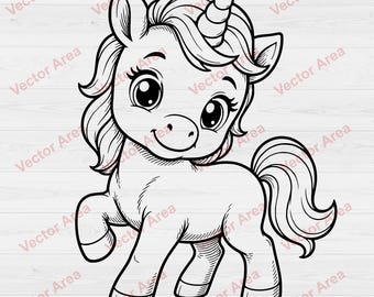 Lindo unicornio bebé SVG, imágenes prediseñadas de unicornio, arte lineal en blanco y negro, archivo para grabado láser, arte lineal de unicornio DXF, habitación infantil
