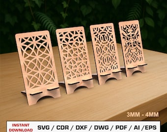 Lasergesneden bestand telefoonstandaard, telefoonstandaardbundel, lasergesneden telefoonhouder, SVG-bestanden voor hout lasersnijden, Glowforge-bestanden, Dxf-bestanden laser