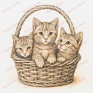May include: A sepia-toned illustration of three tabby kittens nestled inside a woven basket with a handle. The kittens have large eyes and are looking directly at the viewer. The basket is made of woven material.
