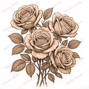 May include: A sepia-toned illustration of a bouquet of roses. The image features four fully bloomed roses with detailed petals and several leaves. The roses are clustered together, with stems and leaves visible.