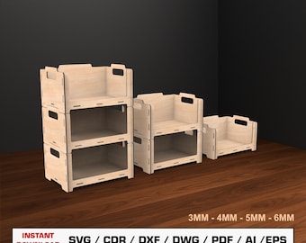 Stapelbare opbergdoos lasergesneden bestanden SVG, stapelbare houten kist, houten kist, vectorbestanden voor hout Glowforge gesneden bestanden, DXF DWG