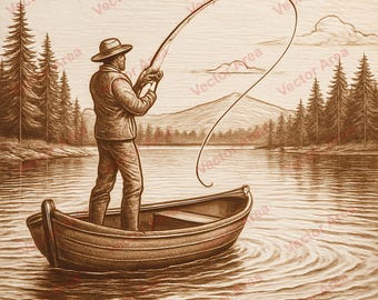 Puede incluir: Ilustración en tonos sepia de una persona pescando desde un pequeño bote en un lago. La persona lleva sombrero y chaqueta, sosteniendo una caña de pescar con una línea curva. Hay árboles y montañas en el fondo, con un cielo nublado arriba.