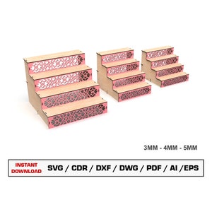 Archivo cortado con láser para expositores de cupcakes, estantes de exhibición, archivos cortados con láser, material múltiple, Glowforge, archivos DXF, PDF