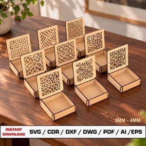 May include: A collection of nine small square wooden boxes with hinged lids, each featuring a unique laser-cut geometric or floral pattern. The boxes are made from light-colored wood with visible 3mm to 4mm thickness. Text reads: 3MM - 4MM INSTANT DOWNLOAD SVG / CDR / DXF / DWG / PDF / AI / EPS.
