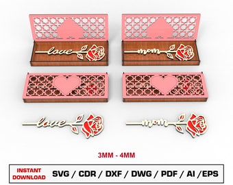 Boxed Flower Gift Laser Cut Files SVG, Laser Cut Gift Box and Rose, Wood Box, Glowforge Files, Xtool Files DXF