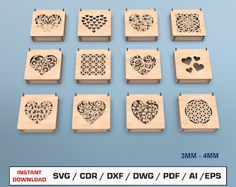 Archivos SVG cortados con láser para joyero, caja de regalo decorativa con tapa, archivos vectoriales para madera, archivos de corte Glowforge, SVG, DXF, DWG