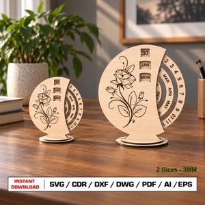 Ewiger Kalender (Laserschnittdatei, SVG), Tischkalender, Holzkalender, Vektordateien für Glowforge-Schnittdateien (DXF, DWG)