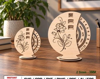 Ewiger Kalender (Laserschnittdatei, SVG), Tischkalender, Holzkalender, Vektordateien für Glowforge-Schnittdateien (DXF, DWG)