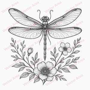 May include: A detailed black and white illustration of a dragonfly with intricate wing patterns. Below the dragonfly is a floral arrangement with leaves, buds, and open flowers. The artwork is a vector design.