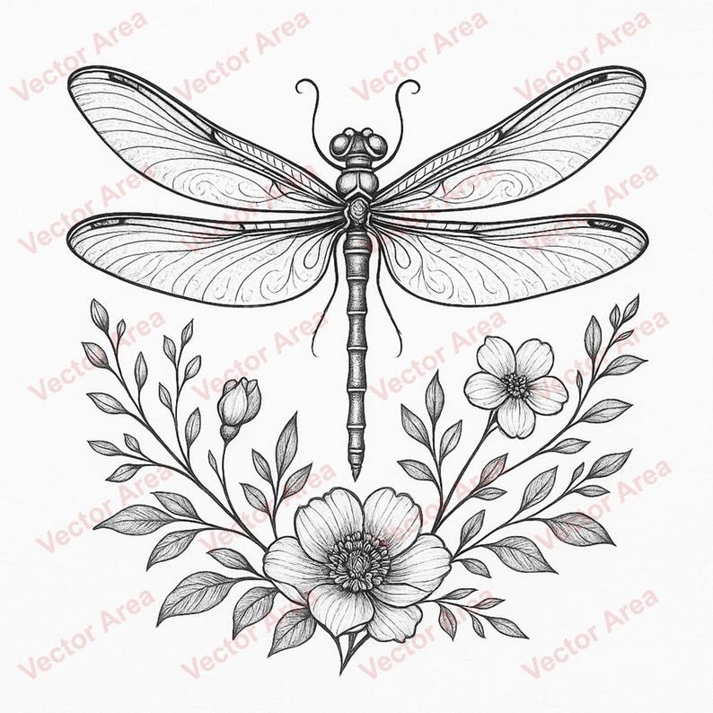 May include: A detailed black and white illustration of a dragonfly with intricate wing patterns. Below the dragonfly is a floral arrangement with leaves, buds, and open flowers. The artwork is a vector design.