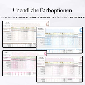 May include: Four digital mockups of a customizable color palette, each with a different color scheme. The text "Unendliche Farboptionen" and "GESTALTE DEINE EIGENE BENUTZERDEFINIERTE FARBPALETTE M&Uuml;HELOS IN 3 EINFACHEN SCHRITTEN!" are at the top.
