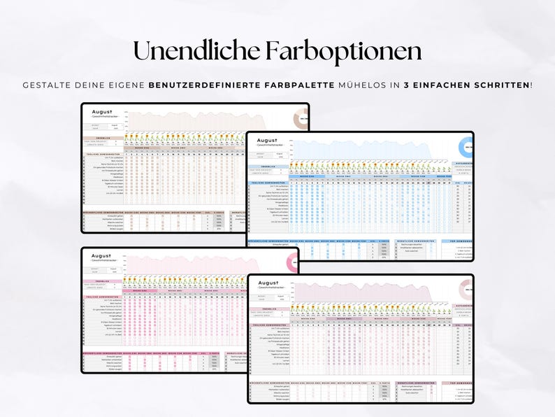 May include: Four digital mockups of a customizable color palette, each with a different color scheme. The text "Unendliche Farboptionen" and "GESTALTE DEINE EIGENE BENUTZERDEFINIERTE FARBPALETTE M&Uuml;HELOS IN 3 EINFACHEN SCHRITTEN!" are at the top.