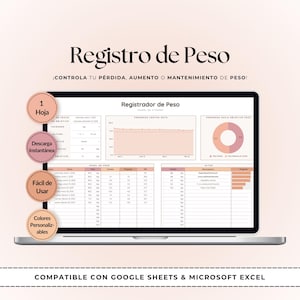 May include: A laptop screen displays a weight loss tracker with a pink and white color scheme. The text on the screen reads "Weight Register" and "Control your loss, increase or maintenance of weight!" Additional text includes "1 Sheet", "Instant Download", "Easy to Use", and "Customizable Colors".