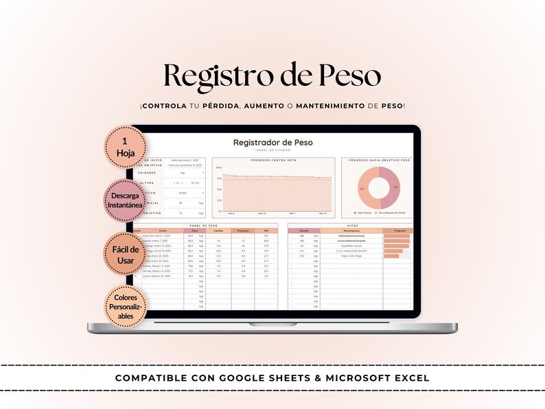 May include: A laptop screen displays a weight loss tracker with a pink and white color scheme. The text on the screen reads "Weight Register" and "Control your loss, increase or maintenance of weight!" Additional text includes "1 Sheet", "Instant Download", "Easy to Use", and "Customizable Colors".