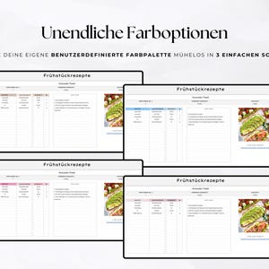 K&ouml;nnte beinhalten: Vier digitale Rezeptvorlagen mit dem Text "Fr&uuml;hst&uuml;ckrezepte" und "Avocado Toast". Jede Vorlage hat ein anderes Farbschema, mit dem Text "Unendliche Farboptionen" dar&uuml;ber. Der Text "GESTALTE DEINE EIGENE BENUTZERDEFINIERTE FARBPALETTE M&Uuml;HELOS IN 3 EINFACHEN SCHRITTEN!" ist ebenfalls sichtbar.