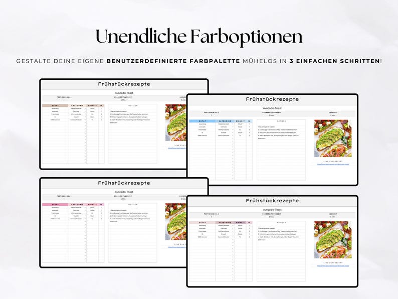 K&ouml;nnte beinhalten: Vier digitale Rezeptvorlagen mit dem Text "Fr&uuml;hst&uuml;ckrezepte" und "Avocado Toast". Jede Vorlage hat ein anderes Farbschema, mit dem Text "Unendliche Farboptionen" dar&uuml;ber. Der Text "GESTALTE DEINE EIGENE BENUTZERDEFINIERTE FARBPALETTE M&Uuml;HELOS IN 3 EINFACHEN SCHRITTEN!" ist ebenfalls sichtbar.