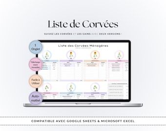 Liste de Tâches Ménagères pour Google Sheets et Excel | Tableau des Tâches Enfants, Tableau de Récompenses, Planning Semaine