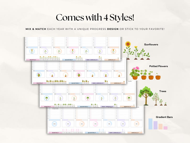 Peut inclure: Quatre styles diff&eacute;rents de pages de planificateur annuel imprimables. Chaque page a un design diff&eacute;rent avec une barre de progression, des tournesols, des fleurs en pot ou des arbres. Le texte "Comes with 4 Styles!" et "Mix & Match each year with a unique progress design or stick to your favorite!" est en haut de l'image.