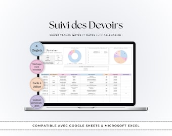 Planificateur de Devoirs Excel & Google Sheets | Suivi des Tâches Scolaires | Agenda Étudiant | Calendrier Académique