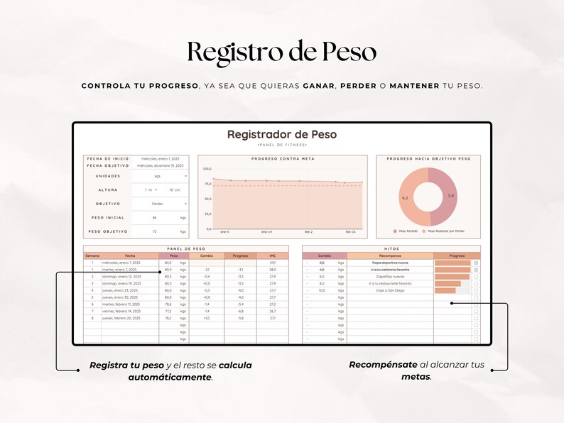 May include: A digital weight tracker with the title "Registro de Peso" and the text "Controla tu progreso, ya sea que quieras ganar, perder o mantener tu peso." The tracker includes charts, graphs, and data entry fields for weight tracking.