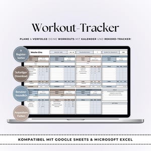 Könnte beinhalten: Ein Laptop zeigt einen digitalen Workout-Tracker mit Kalender- und Aufzeichnungsfunktionen. Der Bildschirm zeigt ein Rasterlayout zur Verfolgung von Übungen. Der Text enthält "Workout-Tracker" und "Kompatibel mit Google Sheets & Microsoft Excel."