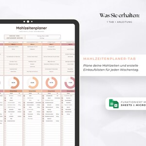 Puede incluir: Un planificador de comidas digital en una tableta. Presenta un dise&ntilde;o semanal para la planificaci&oacute;n de comidas y la creaci&oacute;n de listas de compras. Se muestra el texto "Mahlzeitenplaner". Funciona con Google Sheets y Microsoft Excel.