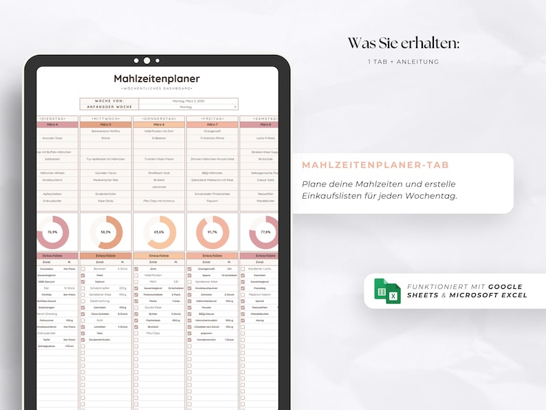 Puede incluir: Un planificador de comidas digital en una tableta. Presenta un dise&ntilde;o semanal para la planificaci&oacute;n de comidas y la creaci&oacute;n de listas de compras. Se muestra el texto "Mahlzeitenplaner". Funciona con Google Sheets y Microsoft Excel.