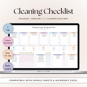 Pode incluir: Um modelo de lista de verificação de limpeza digital para Google Sheets e Microsoft Excel. O modelo inclui um cronograma de limpeza semanal, mensal, trimestral, semestral e anual. O modelo foi projetado para ajudar os usuários a organizar e monitorar suas rotinas de limpeza.