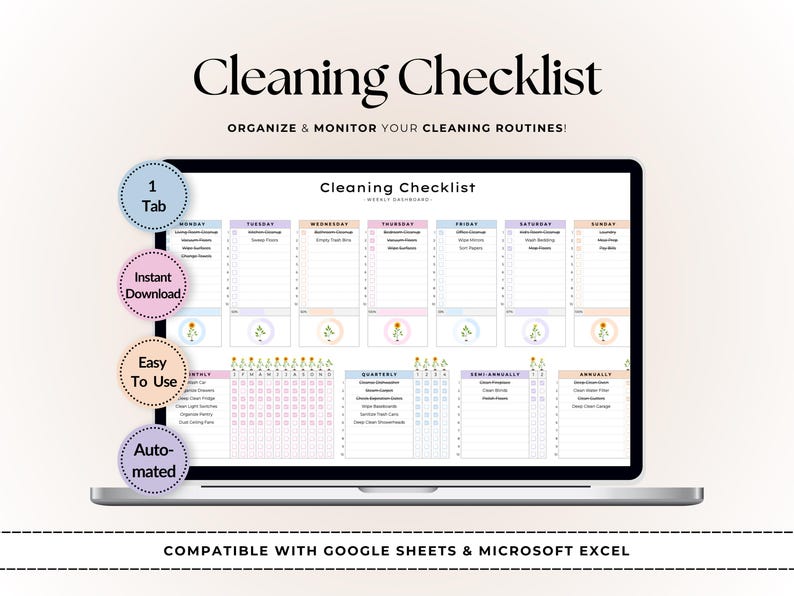 Peut inclure: Un mod&egrave;le de liste de contr&ocirc;le de nettoyage num&eacute;rique pour Google Sheets et Microsoft Excel. Le mod&egrave;le comprend un calendrier de nettoyage hebdomadaire, mensuel, trimestriel, semestriel et annuel. Le mod&egrave;le est con&ccedil;u pour aider les utilisateurs &agrave; organiser et &agrave; surveiller leurs routines de nettoyage.