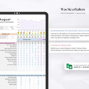 May include: Digital habit tracker displayed on a tablet screen. The tracker is for August, with sections for daily and weekly habits. The design includes a graph and check boxes. The text on the screen is in German.