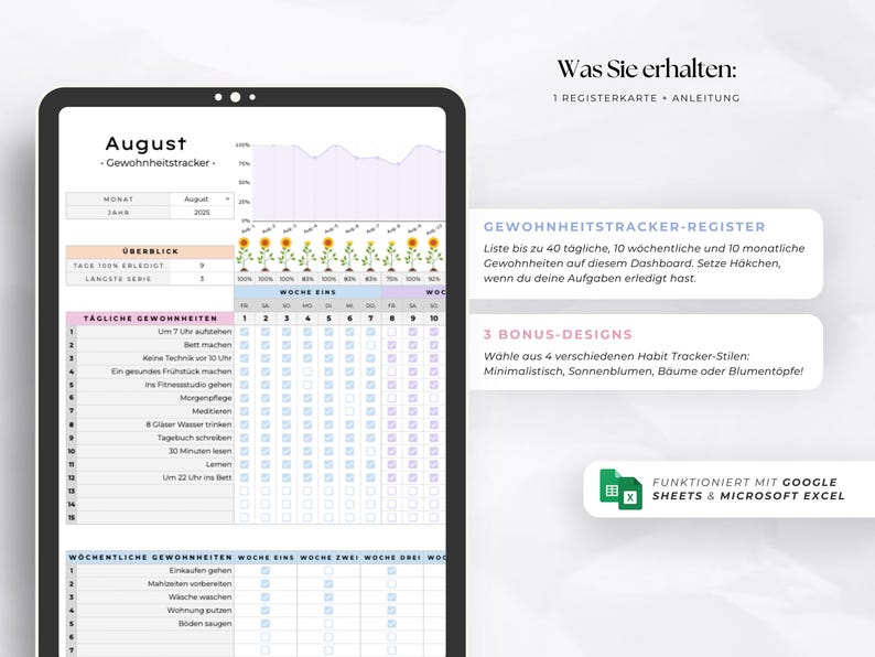 May include: Digital habit tracker displayed on a tablet screen. The tracker is for August, with sections for daily and weekly habits. The design includes a graph and check boxes. The text on the screen is in German.