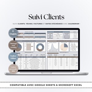 May include: A laptop screen displaying a client tracking spreadsheet with charts, tables, and data fields. The interface includes sections for tasks, invoices, and deadlines. Text on screen includes Suivi Clients, 8 Onglets, and Téléchargement Immédiat.