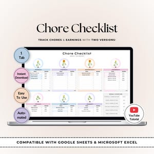 Op de afbeelding: Een digitale takenlijst weergegeven op een laptopscherm, met wekelijkse taakregistratie, kolommen voor inkomsten en bloemenpictogrammen voor elke dag. De interface bevat labels voor de dagen van de week, een weekoverzicht en een YouTube-tutorialpictogram.