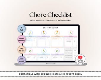 Modèle de liste de contrôle pour les tâches ménagères pour Google Sheets et Excel | Tableau des tâches ménagères pour la famille et les enfants, tableau des responsabilités, suivi hebdomadaire des tâches ménagères