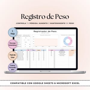 Op de afbeelding: Een laptopscherm toont een spreadsheet voor gewichtsverlies met grafieken en gegevenstabellen. De tekst "Registro de Peso" staat bovenaan. Kenmerken zijn één blad, direct downloaden, gemakkelijk te gebruiken en aanpasbare kleuren. Compatibel met Google Sheets & Microsoft Excel.