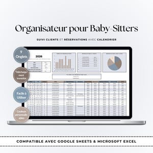 May include: A digital babysitter organizer spreadsheet displayed on a laptop screen, featuring a 2026 calendar, client tracking, and reservation management tools. The interface includes data tables, bar charts, and pie charts for scheduling.